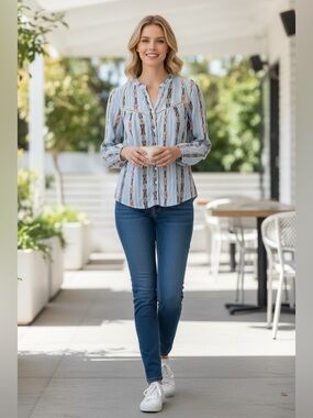 L Love Light Blue Printed Button-Front Women’s Blouse